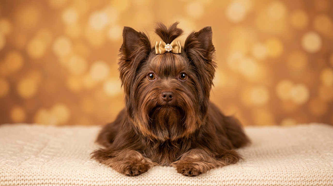 Choco Yorkshire Terrier met chocoladebruine vacht en strik
